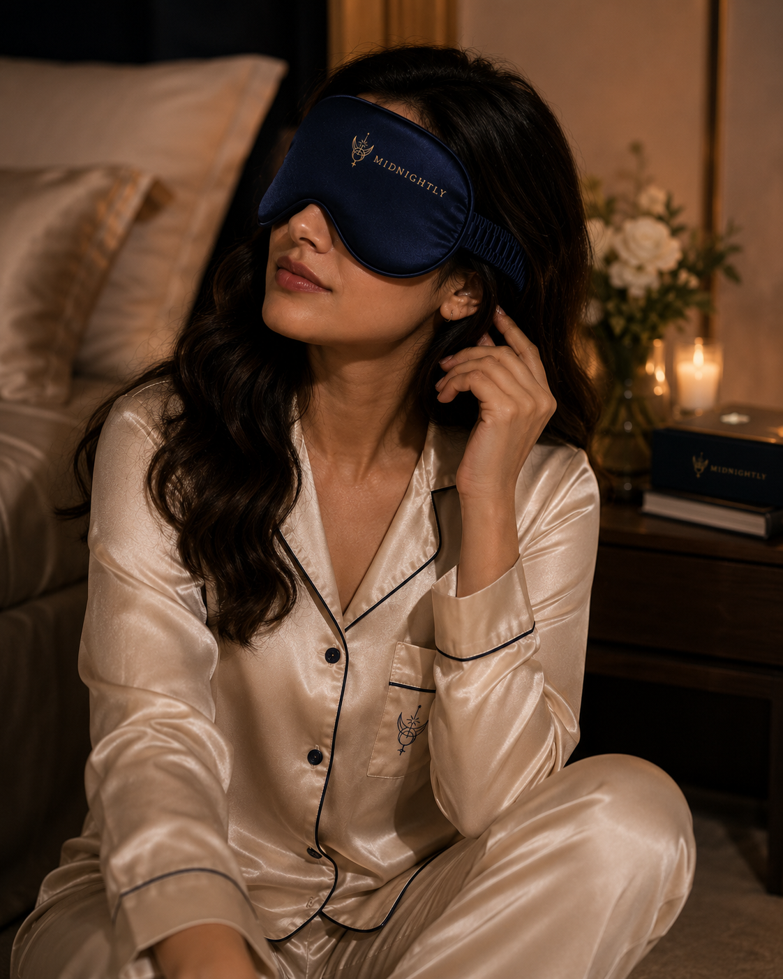 Navy Blue-09: Midnightly Classic navy blue silk sleep mask worn by model in bedroom
